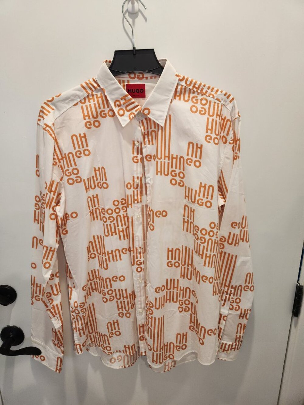 HUGO Hugo Boss Men's Ermo White Orange Logo Print Casual Slim Fit Shirt XL